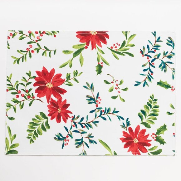 Food Network SET of 4 FABRIC PLACEMATS White Christmas Holly & Pine Poinsettia - Picture 2 of 11